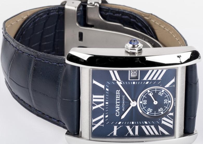 The male replica Cartier Tank MC WSTA0010 watches have blue dials.