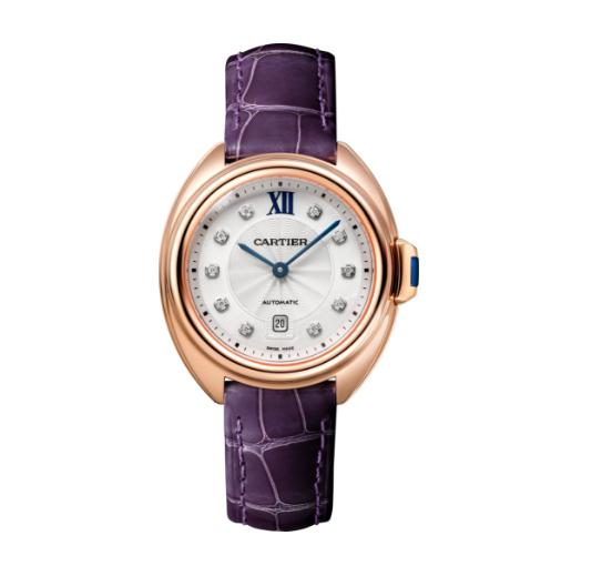 The special fake Clé De Cartier WJCL0031 watches have purple alligator leather straps.