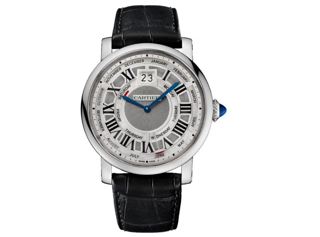 The luxury fake Rotonde De Cartier W1580002 watches are made from 18k white gold and have black leather straps.