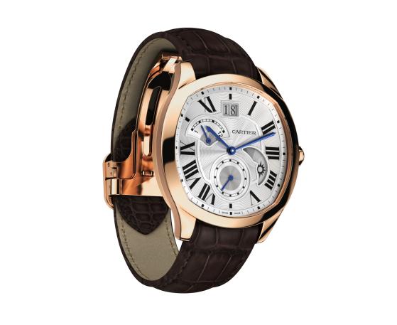 The 18k rose gold copy Drive De Cartier WGNM0005 watches have brown leather straps.