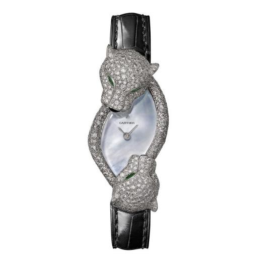 The 18k white gold fake watch is decorated with diamonds.